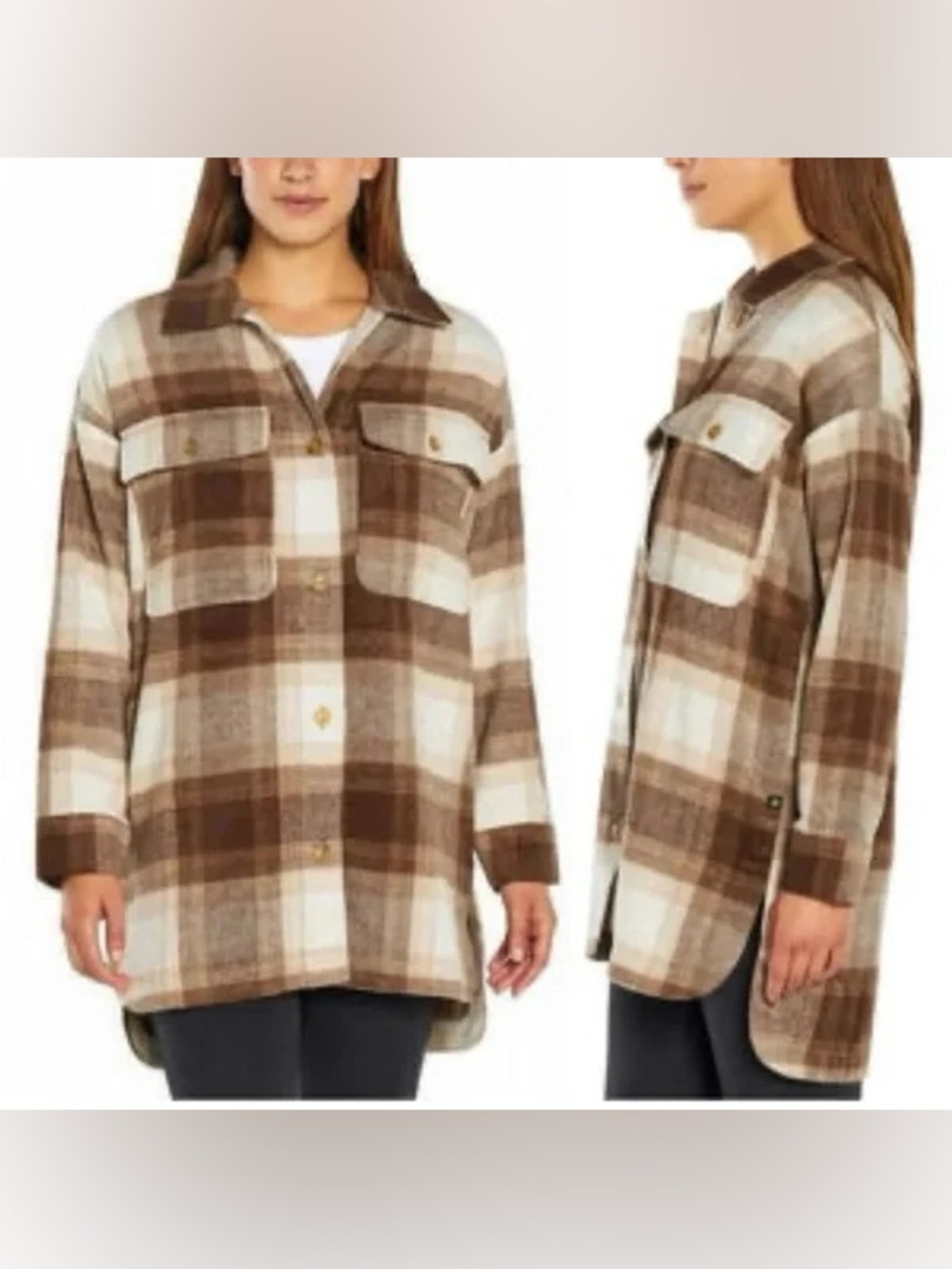 Banana Republic Wool Blend Plaid Flannel Shirt Jacket Women L Brown
